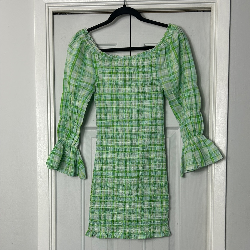 Cotton On Green Checkered Long Ruffled Sleeve Dress. Super cute!